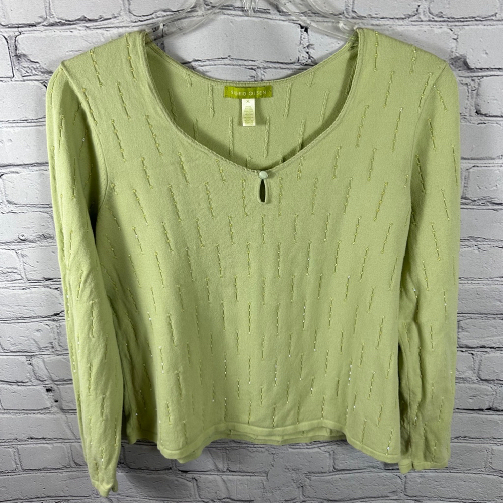 Sigrid Olsen Women’s Knit Pullover Top Lightweight Front Keyhole Beaded Green XL